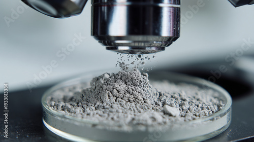 A microscope lens analyzing a fine powder sample on a glass dish