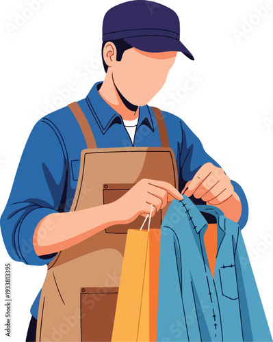 Worker inspects clothing with shopping bag. Ideal for fashion retail, clothing inspection, shopping behaviors, consumer research concepts, and online shopping themes.