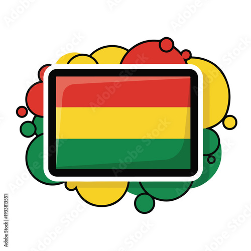 Colorful Bolivian flag illustration displayed on digital tablet surrounded by vibrant abstract shapes