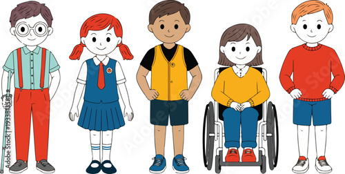 "Inclusive Children with Disabilities Character Set Featuring Kids with Prosthetic Legs, Wheelchairs, and White Canes in Vector Style"