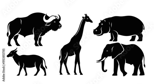 African Animals Silhouettes Set. Wildlife Vector Icons Collection. Elephant, Giraffe, Buffalo, Hippo, Antelope.