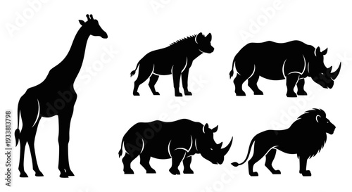African Safari Animals Silhouettes Collection Isolated on White Background