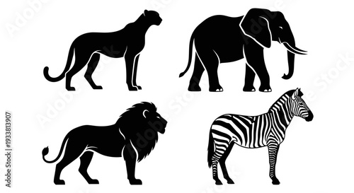 African Wild Animals Silhouettes Set: Lion, Elephant, Zebra, and Panther Icons