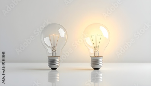 Two light bulbs on a white surface, one glowing brightly, symbolizing ideas and innovation.