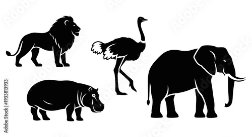 African Wildlife Animal Silhouettes Set: Lion, Elephant, Hippopotamus, Ostrich