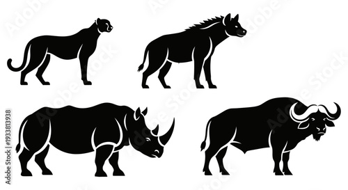 African Wildlife Silhouettes: Cheetah, Hyena, Rhinoceros, and Buffalo Vector Icons