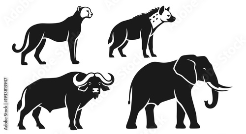 African Wildlife Silhouettes: Cheetah, Hyena, Buffalo, and Elephant Collection