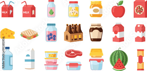 Grocery and Supermarket Food Vector Icon Set with Milk, Cheese, Apple, Watermelon, Meat, Yogurt, Sandwich and Packaged Products