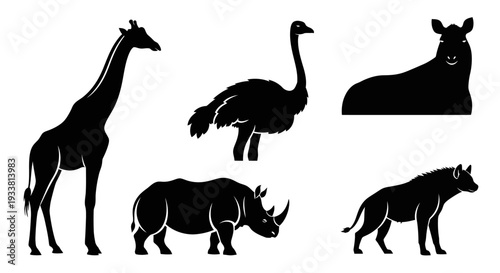 African Wildlife Silhouettes Collection on White Background
