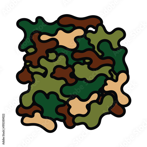 Camouflage pattern illustration featuring green, brown, and tan shapes for military or outdoor use in a graphic design context