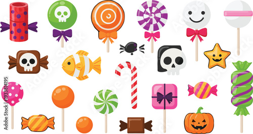 Halloween Candy Collection with Lollipops, Skull Sweets, Candy Cane, Chocolate Bars and Pumpkin Treats Cartoon Vector Illustration Set