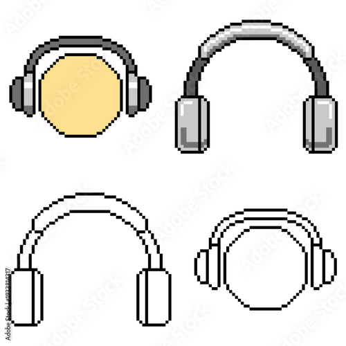 Set editable pixel headphone vector for retro music streams. Ideal for symbolizing 8-bit audio tech, arcade style podcasting, and nostalgic digital listening.