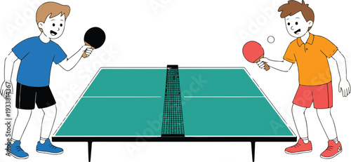 "Table Tennis Match Concept Featuring Two Players Competing in Ping Pong Game in Vector Illustration"