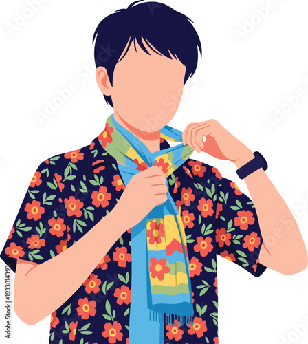 Trendy man in floral shirt stylishly tying scarf. Suitable for fashion blogs, social media posts, and clothing advertisements.