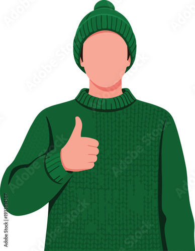 Portrait of an anonymous individual in a green sweater and beanie giving a positive thumbsup gesture. Great for lifestyle or encouragement concepts.
