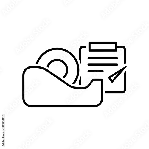 Tape dispenser with roll and clipboard, office supplies, black line icon