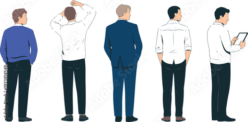 "Professional Business Men Rear View Collection Featuring Standing Male Characters in Office Wear in Vector Illustration"