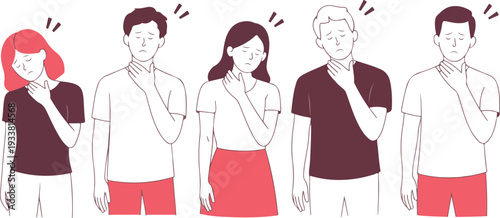 "People Feeling Unwell Set Featuring Fever, Sore Throat, Headache, and Flu Symptoms in Vector Illustration"