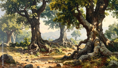 Wallpaper Mural A sun-dappled forest scene featuring massive, ancient trees with exposed roots. Hills and sunlight are visible. A tranquil and inviting landscape Torontodigital.ca