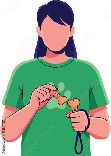 Woman in green pawprint shirt holds dog bone treats, suitable for pet store promotions, veterinary clinics, and animal care websites.