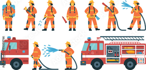 "Firefighter Team with Fire Truck and Water Hose Rescue Service in Dynamic Vector Illustration Set"