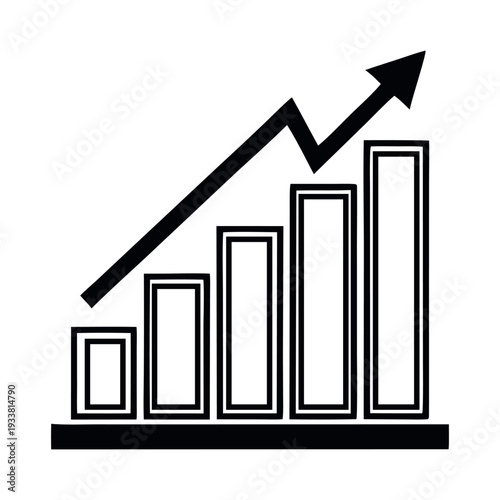Black and White Business Growth Bar Chart Vector Icon with Upward Arrow for Financial Success, Market Analysis, and Corporate Profit Statistics Illustration Isolated on White Background