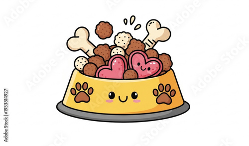 Cute Cartoon Dog Food Treats and Kibble Bowl Vector Illustration