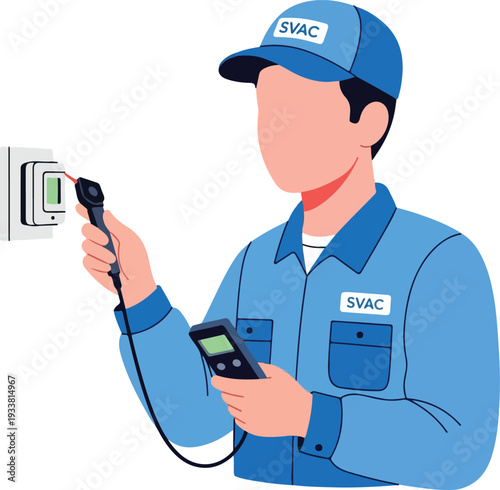 Hvac worker uses tools on thermostat next to outlet. Perfect for heating and cooling system maintenance or repair service advertisements.