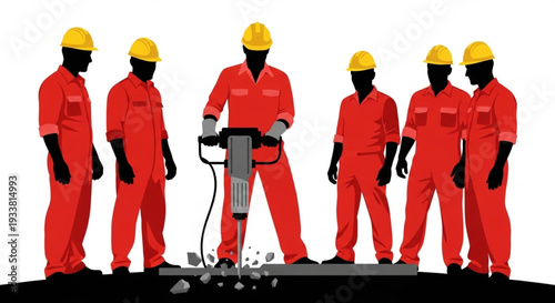 Construction workers in hard hats and orange jumpsuits operating heavy machinery.