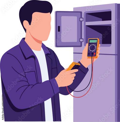 Electrical technician testing voltage in a neutral gray control box with a multimeter. Perfect for electrician service advertisements or manuals.