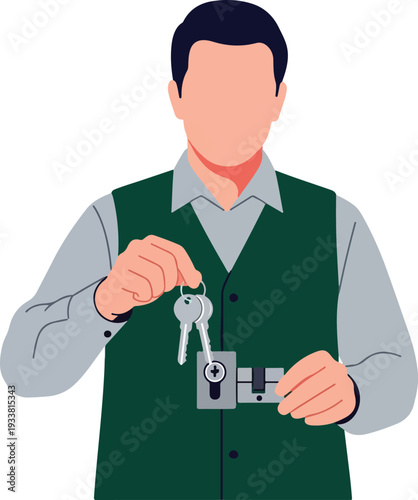 Faceless man holding keys and lock depicts security and ownership concepts. Suitable for finance, security, real estate, and technology designs.