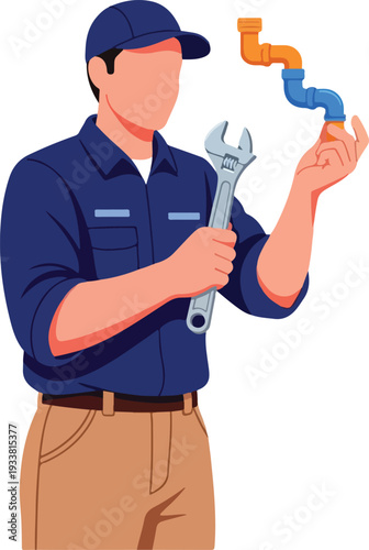 Plumber with wrench and colorful pipes, ideal for plumbing service advertisements, repair businesses, home improvement blogs, construction companies.