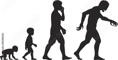 Human evolution to zombie silhouette sequence showing growth from baby to undead adult isolated black and white vector illustration for horror concept