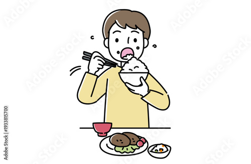 食事をかき込む男性のイラスト
