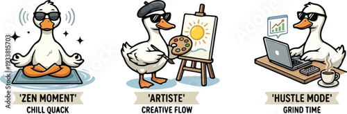 Set of Cute White Duck Character Stickers and Icons Featuring Zen Meditation, Creative Artist Painting, and Business Hustle Mode with Laptop, Vector Illustration in Flat Cartoon Style