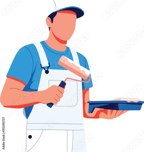 Painter in overalls with paint roller and tray. Suitable for decorating, renovation, diy, construction, and paintingrelated concepts in design projects.