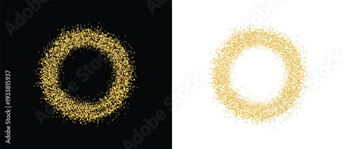 Gold circle glitter frame. Golden confetti dots round on black and white background. Pattern with gold sparkles and glitter effect. Vector illustration.