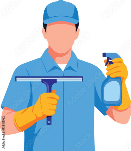 Faceless cleaner in gloves with a squeegee and spray bottle. Suitable for cleaning service, maintenance, janitorial, hygiene promotions.