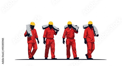 Construction workers carrying materials on shoulders.