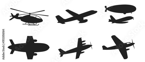 Collection of black air transport silhouettes, featuring jet fighters, propeller planes, helicopters, seaplanes, business jets, and blimps for aviation design and digital media projects.