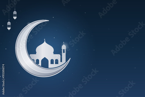 Midnight Blue and Silver Islamic Background with Mosque Moon Crescent and Hanging Lanterns - Elegant Ramadan Kareem Greeting with Copyspace
