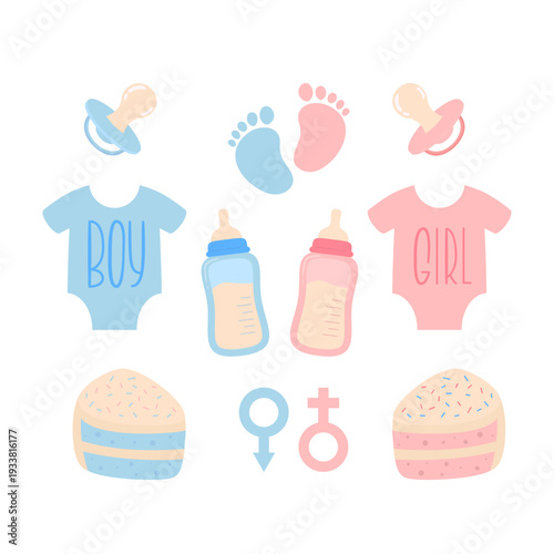 Gender reveal party Design Elements. Baby bottle, pacifier, footprint, gender symbols, clothes. 