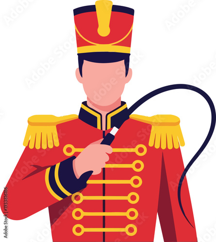 Ringmaster with whip and red uniform, perfect for circusthemed designs, posters, invitations, and entertainmentrelated projects needing a vintage touch.