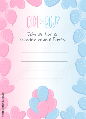 Gender reveal party Template. Baby Shower Frame with Balloons.
