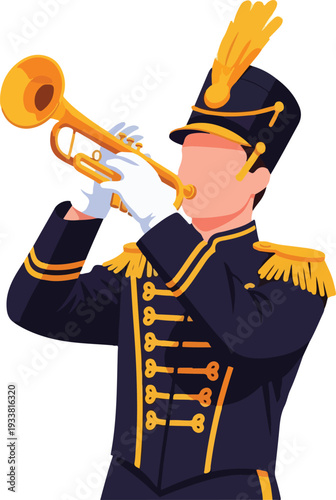 Trumpeter in uniform plays a trumpet with brass horn gleaming. Suitable for musicrelated designs, military or patriotic themes.