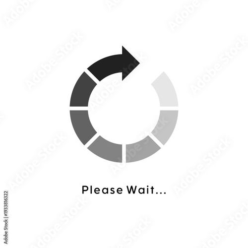 Minimalist circular loading progress icon with arrow ring spinner and please wait text on a solid white background for digital UI UX.