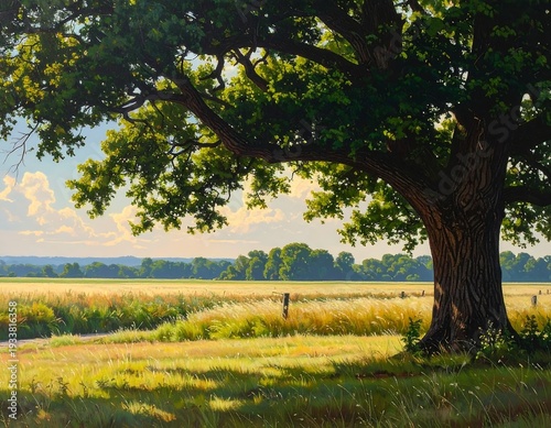 Wallpaper Mural A sun-dappled landscape features a massive tree with sprawling limbs, overlooking a golden field and a distant, hazy horizon Torontodigital.ca