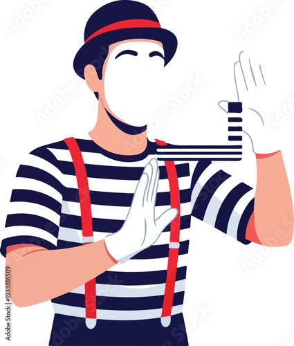 Mime wearing a hat and suspenders performs a box trick. Suitable for entertainment or performancethemed designs. Mime performance concept.