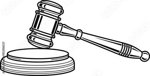 Black and white illustration of judge’s gavel resting on sound block, symbolizing law, justice, courtroom authority, legal proceedings, and judicial decision artwork design.