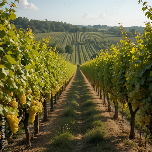 Harvest time in Cognac white wine region, Charente, vineyards with rows of ripe ready to harvest ugni blanc grape uses for Cognac strong spirits distillation, France